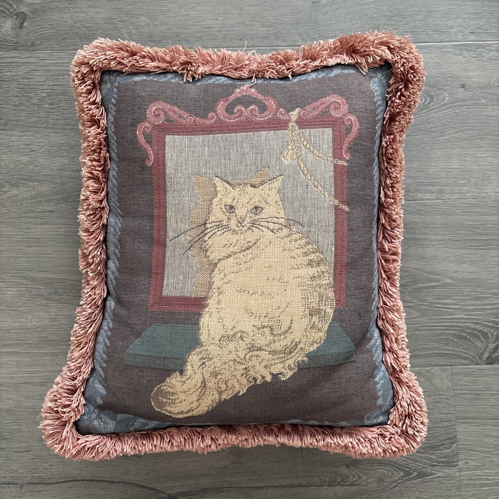 Vintage Tapestry Decorative Accent Throw Pillow White Cat pink fringe 15x12